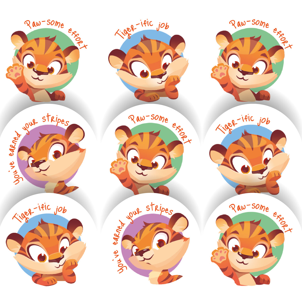 Cute tiger reward stickers with positive messages for classroom motivation