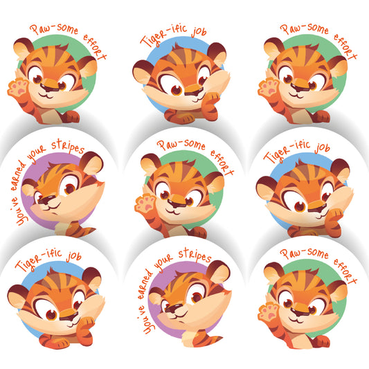 Cute tiger reward stickers with positive messages for classroom motivation
