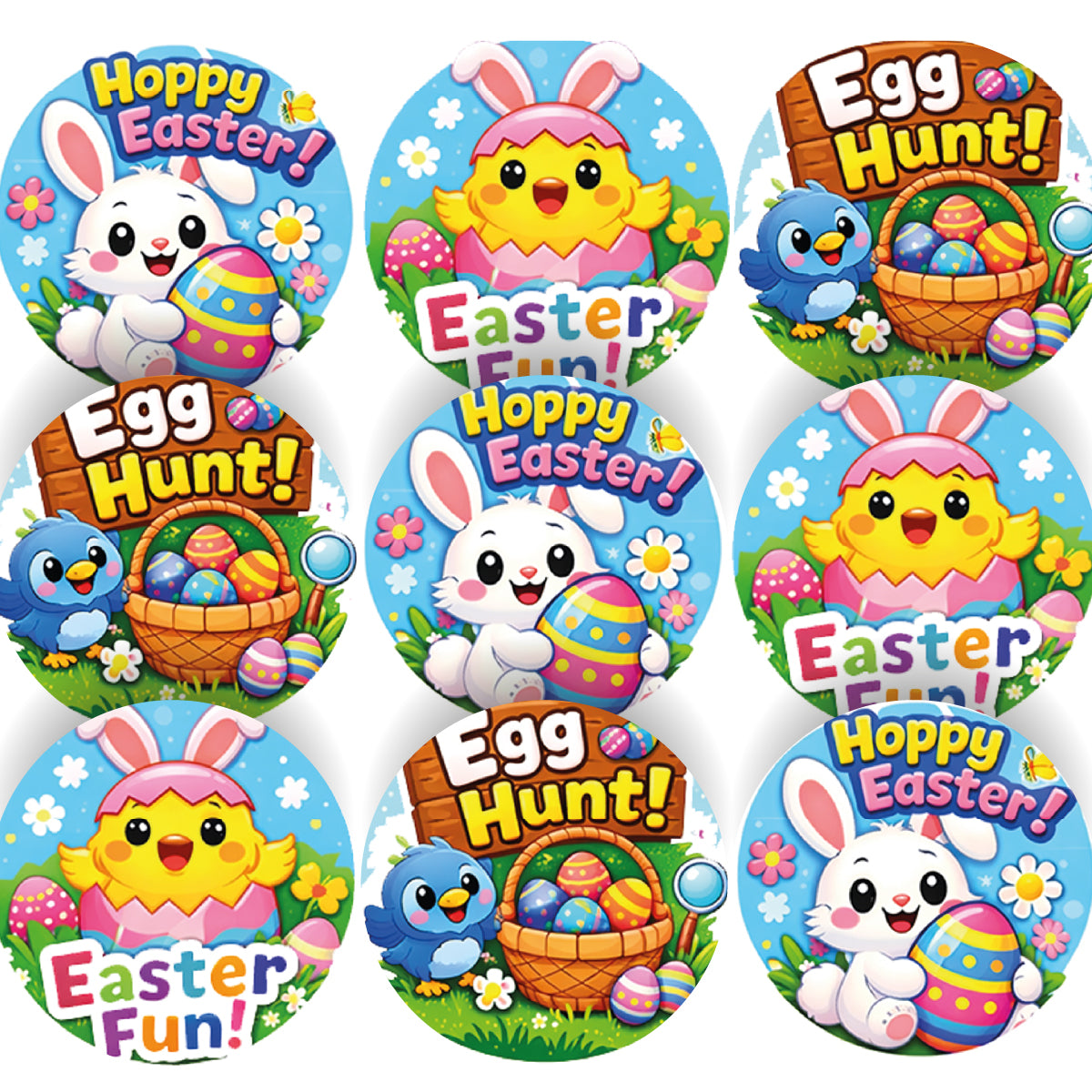 Colorful Easter stickers for kids with bunnies, chicks, eggs, and 'Egg Hunt' text.