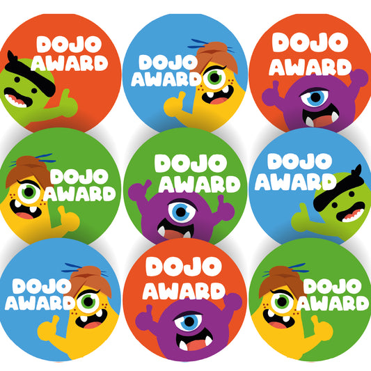 Colorful Dojo Award reward stickers with cartoon monster characters for classroom motivation