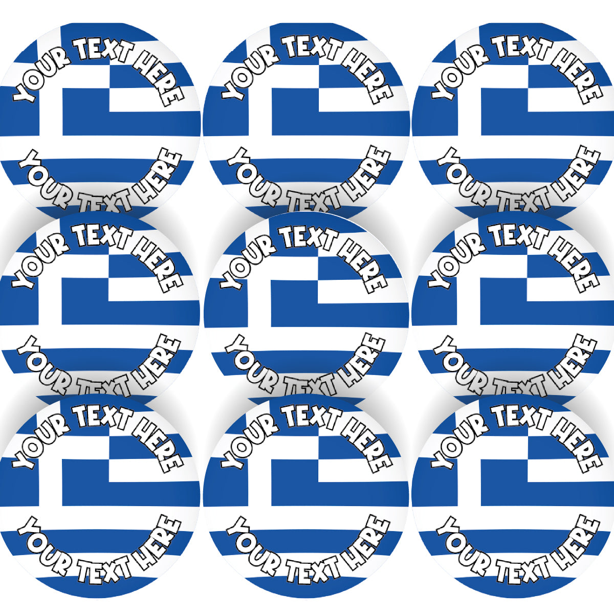 Sheet of round reward stickers with blue and white Greek flag design and customizable text.
