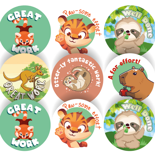 144 Zoo Animal Praise Words 30mm Reward Stickers for Schools, Teachers and Parents