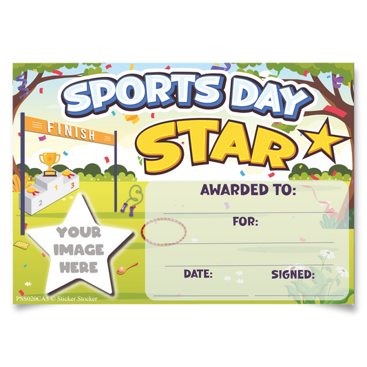 Personalised Sports Day Star certificates for school teachers, 250gsm A5 silk finish Photo Paper