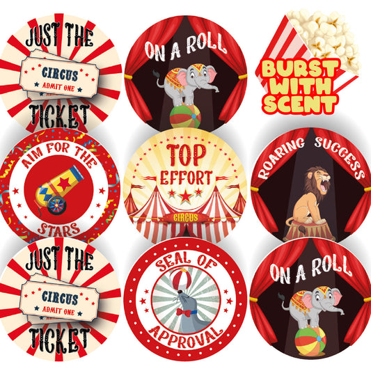 SNS02330 120 Circus Popcorn 30mm Popcorn Scented Reward Stickers for Teachers, Parents and Party Bags