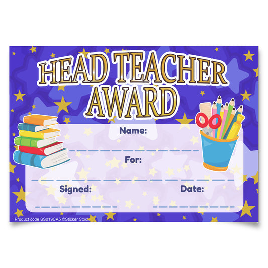 Sticker Stocker 30 Head Teacher Award certificates for school teachers, 250gsm A5 silk finish card