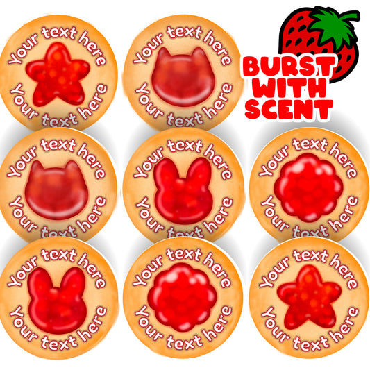 120 Strawberry Scented Personalised Stickers - Jammy Dodger - Personalised 30 mm Scented  Stickers - For Teachers Nursery Parents