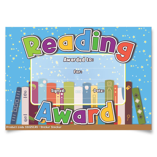 Sticker Stocker 30 Reading Award certificates for school teachers, 250gsm A5 silk finish card
