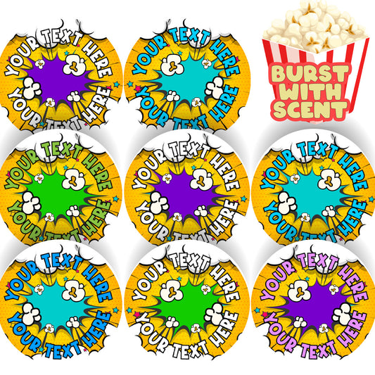 120 Popcorn POP! Scented Personalised Stickers - 30 mm - School Teachers Parents