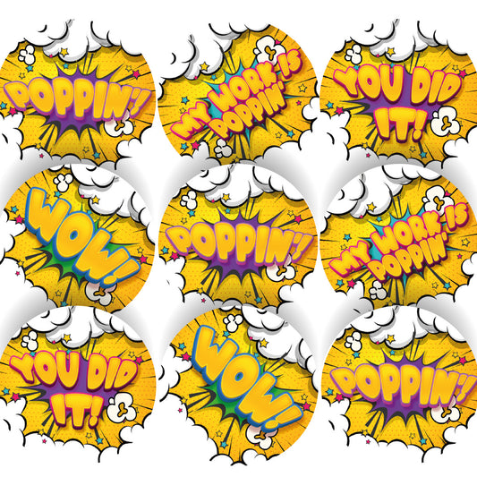 Sticker Stocker  120 Popcorn Poppin' Praise Words 30mm Scented Reward Stickers for Teachers, Parents and Party Bags