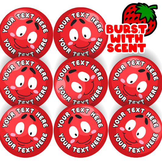 120 Strawberry Scented Personalised Stickers - Smiley Red Noses  - Personalised 30 mm Scented  Stickers - For Teachers Nursery Parents