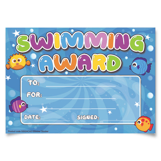 Sticker Stocker 30 Swimming Award certificates for school teachers, 250gsm A5 silk finish card
