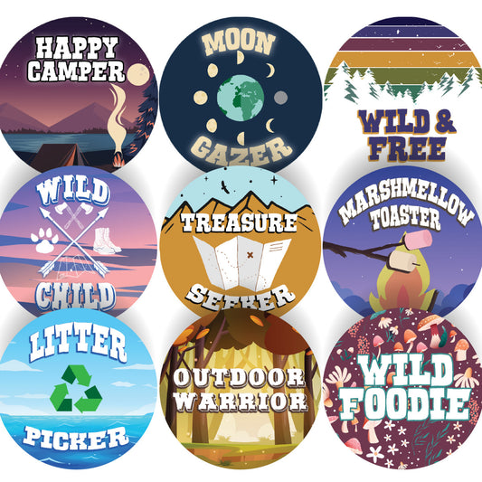 Sticker Stocker - 144 Wild Child Adventure Camping Stickers - 30mm - Glossy Reward Stickers for Scouts Forest School