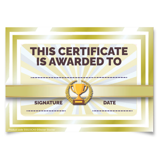 Sticker Stocker - 30 Trophy Award certificates for school teachers, 250gsm A5 silk finish card