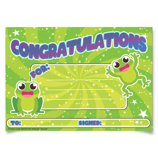 Sticker Stocker 30 Congratulations Frog Award certificates for school teachers, 250gsm A5 silk finish card