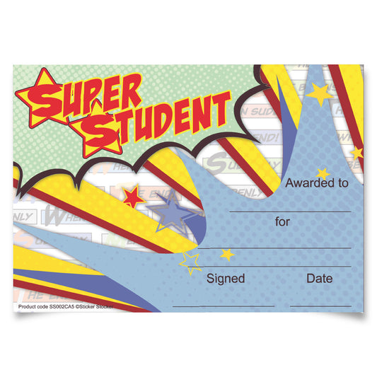 Sticker Stocker 30 Super Student Superhero themed award certificates for school teachers, 250gsm A5 silk finish card