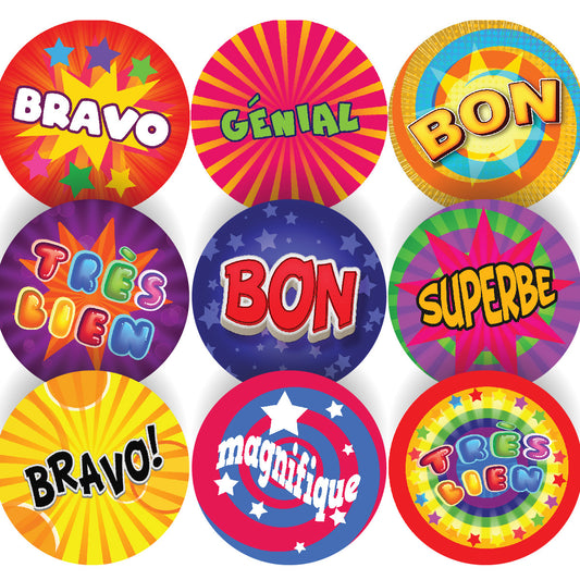 Sticker Stocker - 144 Funky French Praise Word Stickers - 30mm Glossy Reward Stickers for Teachers & Parents