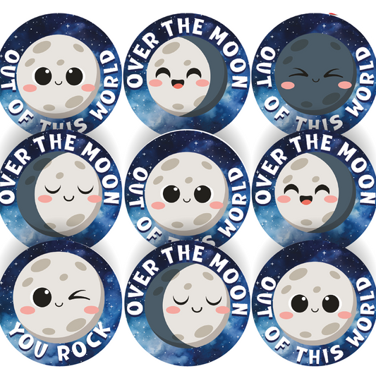 144 Over The Moon Childrens Reward Stickers - 30mm - Teacher Parents School