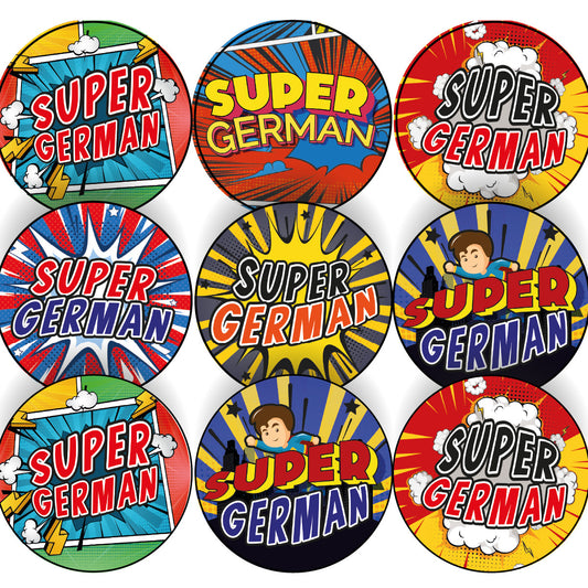 144 German Superhero Comic Stickers - 30mm Glossy Reward Stickers for Teachers & Parents
