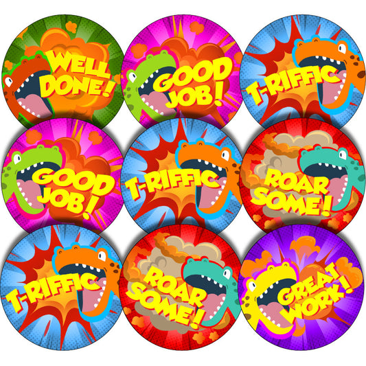 Sticker Stocker 144 Dinosaur Praise Words 30 mm Reward Stickers for Teachers, Parents and Party Bags