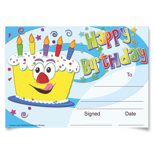 Sticker Stocker 30 Happy Birthday Cake themed award certificates for school teachers, 250gsm A5 silk finish card