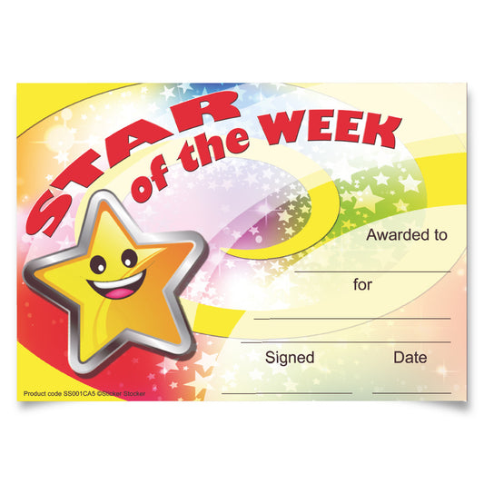 Sticker Stocker 30 Star of the Week award certificates for school teachers, 250gsm A5 silk finish card