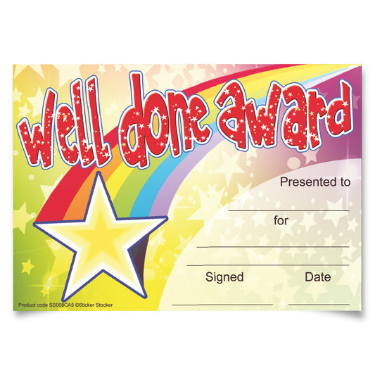 Sticker Stocker 30 Well Done Award certificates for school teachers, 250gsm A5 silk finish card