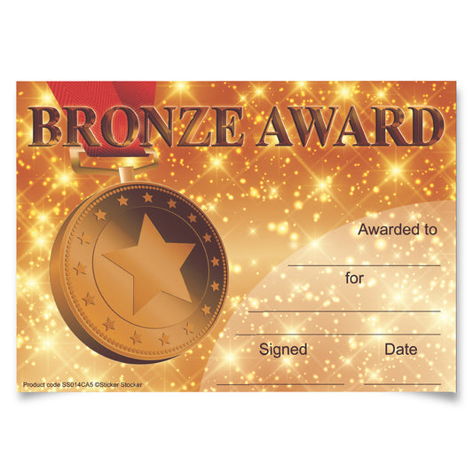 Sticker Stocker 30 Bronze Award Certificates for school teachers, 250gsm A5 silk finish card
