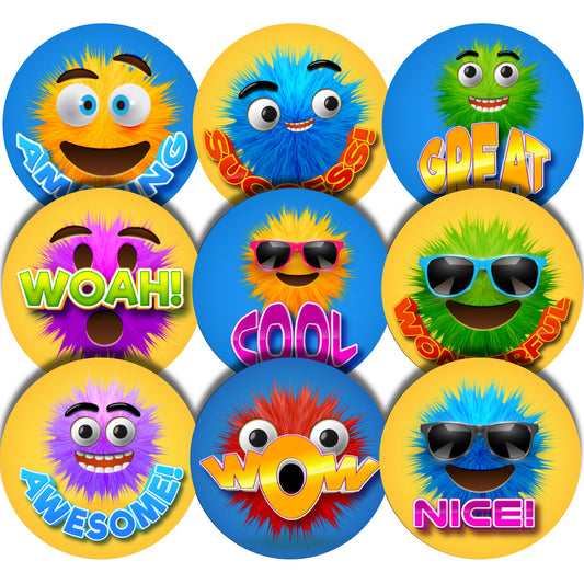 Sticker Stocker - 144 Furry Face Praise Word Rewards 30mm Glossy Stickers