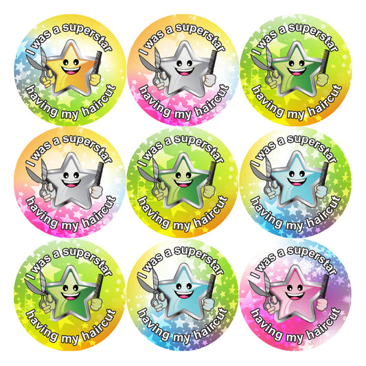 Sticker Stocker - 144 Haircut Superstar 30 mm Reward Stickers for Hairdressers and Barbers