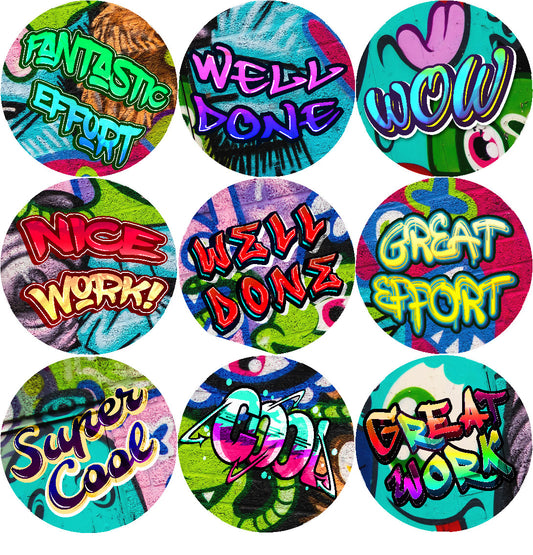 Sticker Stocker - 144 Graffiti Praise Words 30mm Stickers Glossy Reward Stickers for School Teachers, Parents and Nursery