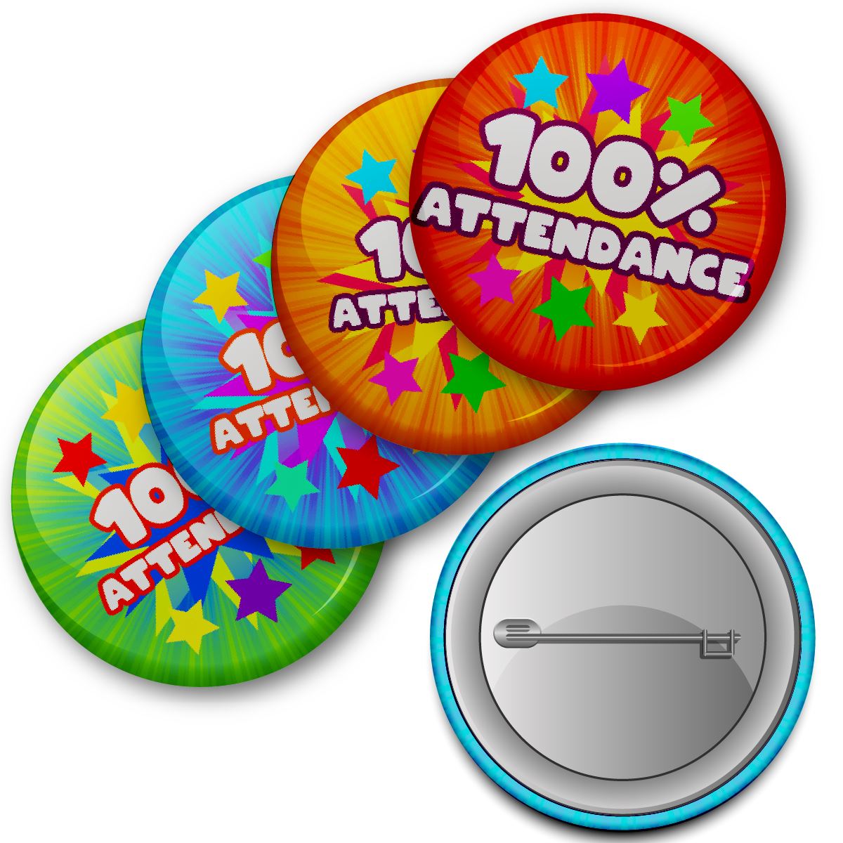100% Attendance Reward Button Badges (Pack of 20 Pin Badges - 38mm)
