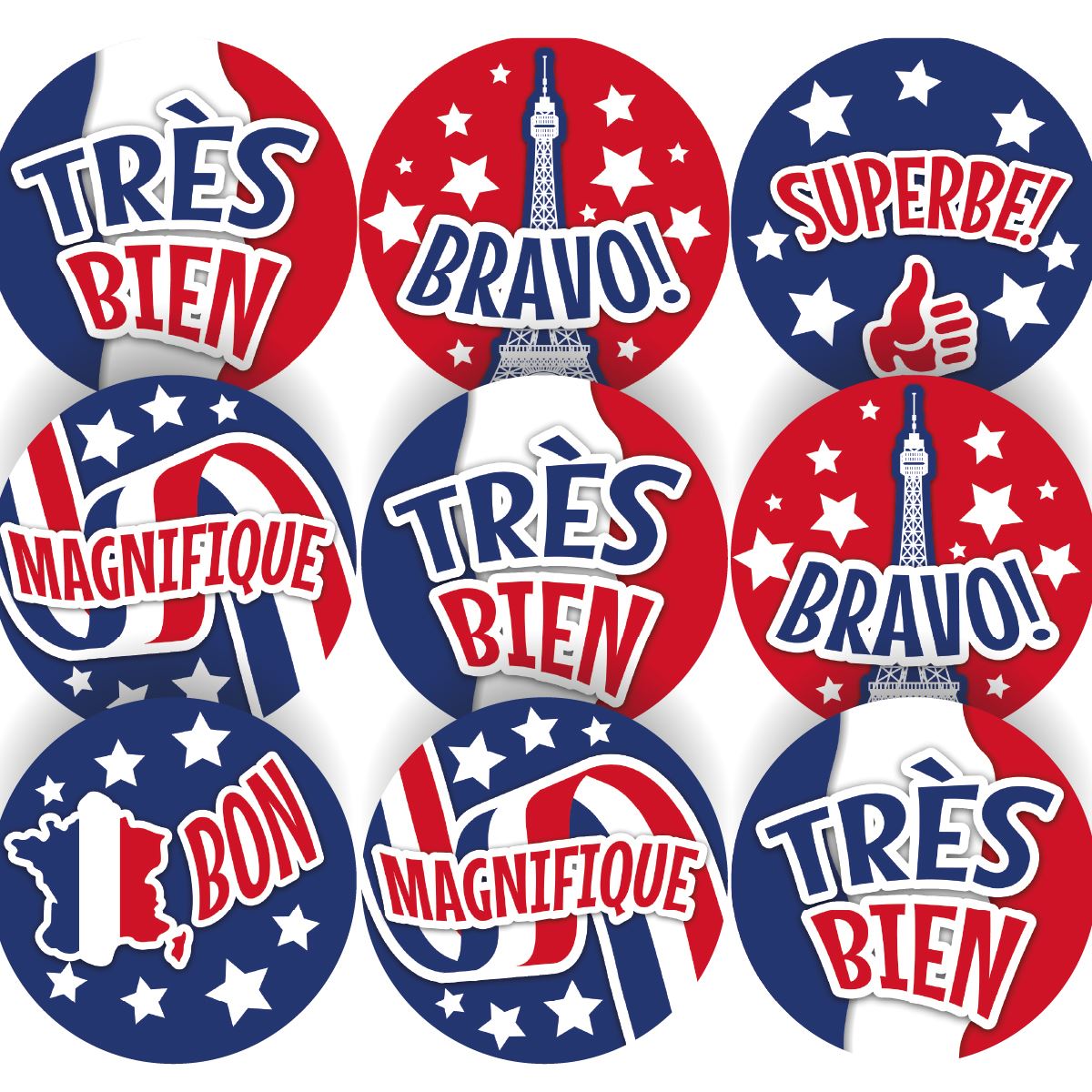 144 French Colour Praise Words Stickers - 30mm - Glossy Reward Stickers for Teachers & Parents