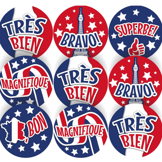 144 French Colour Praise Words Stickers - 30mm - Glossy Reward Stickers for Teachers & Parents