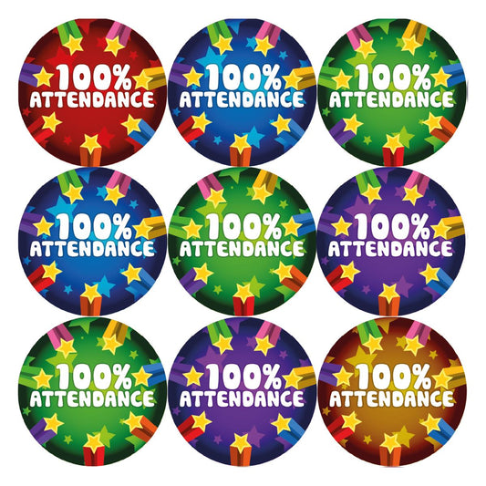 144 Perfect 100% Attendance - 30mm Glossy Reward Stickers for Teachers & Parents