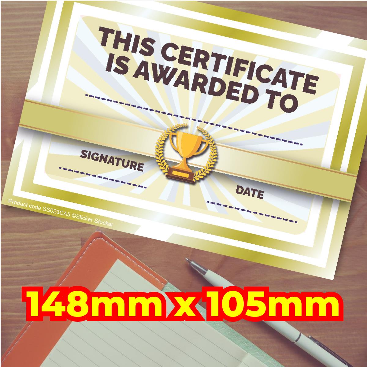 30 Gold Trophy Award certificates for school teachers, 250gsm A5 silk finish card