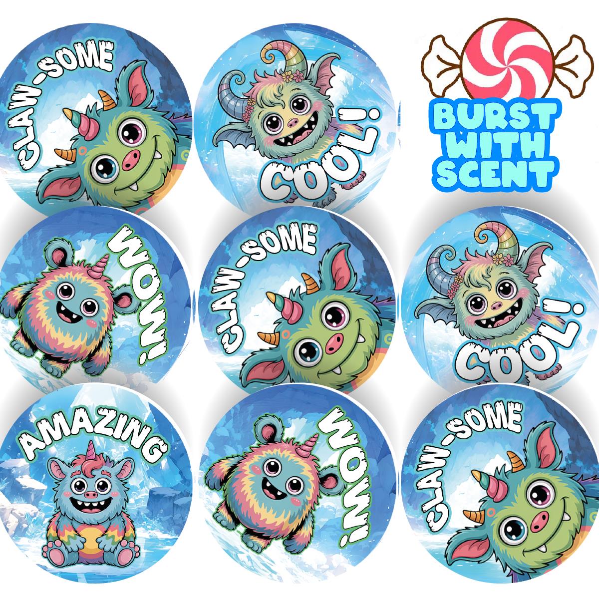 120 Minty Monsters Peppermint Praise Words Scented Stickers - 30mm Scented Stickers - For Teachers Nursery Parents