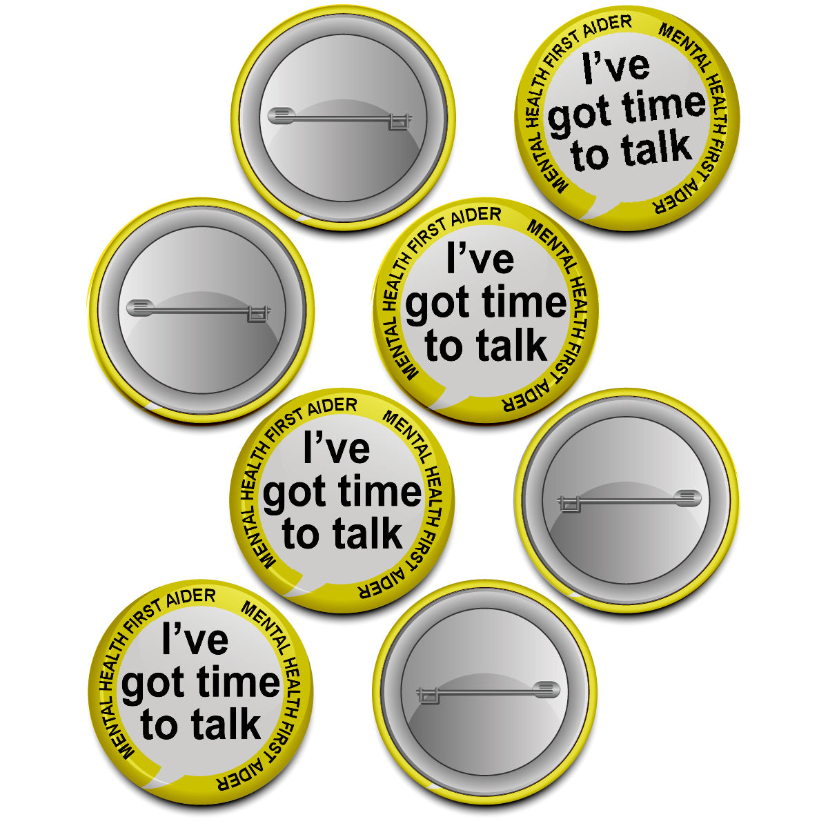 20 x Yellow Mental Health First Aider Got time to Talk Badge 38mm (Pack of 20 Pin Badges - 38mm)