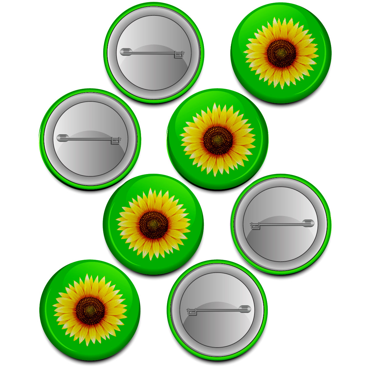 20 x Sunflower on Green Button Badges (Pack of 20 Pin Badges - 38mm)