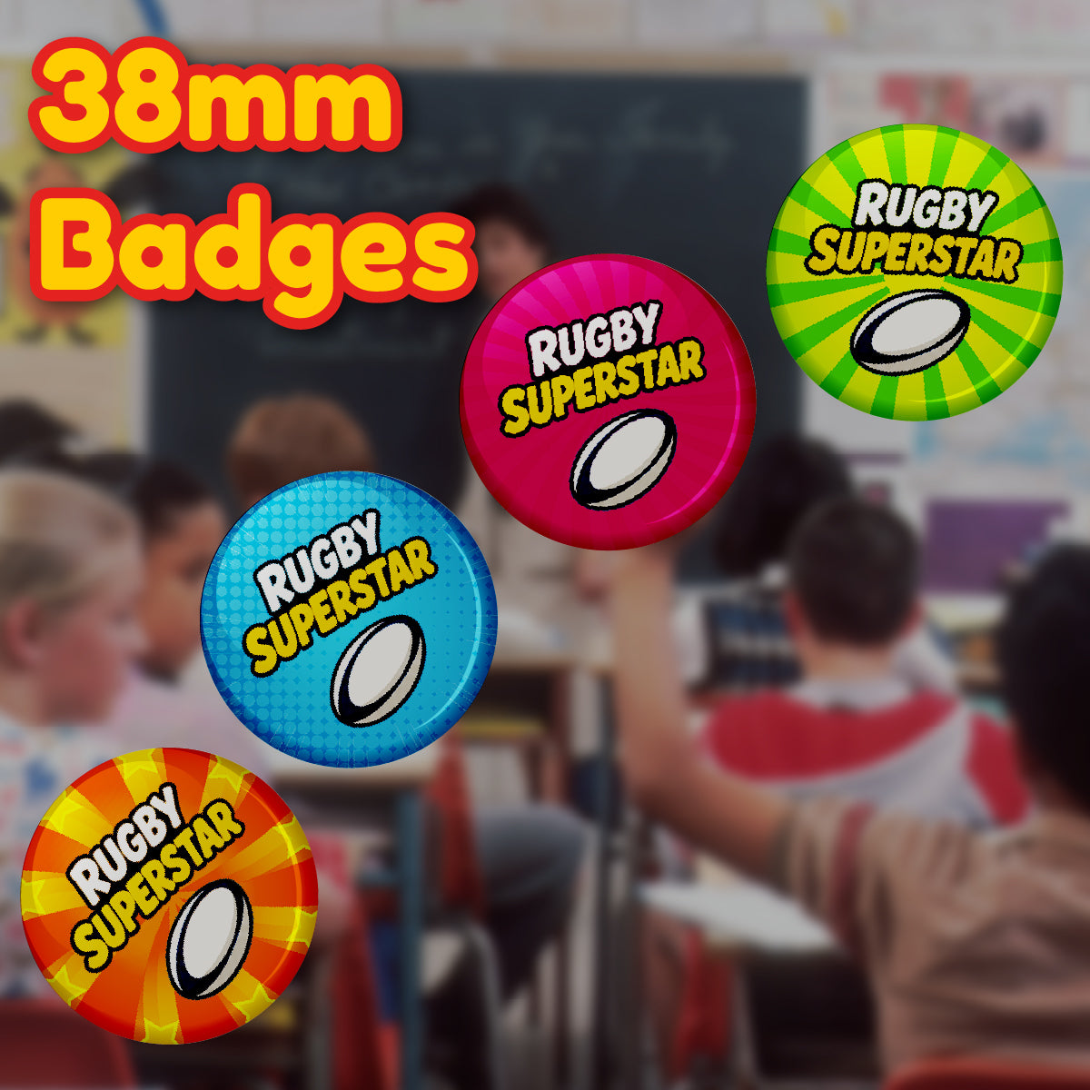 20 x Rugby Superstar Badge 38mm (Pack of 20 Pin Badges - 38mm)