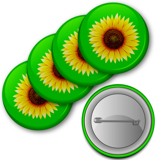20 x Sunflower on Green Button Badges (Pack of 20 Pin Badges - 38mm)