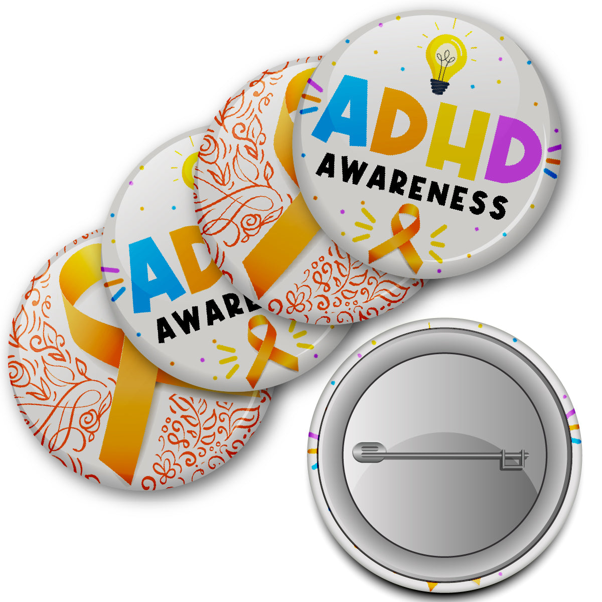 20 x ADHD Awareness Button Badges (Pack of 20 Pin Badges - 38mm)