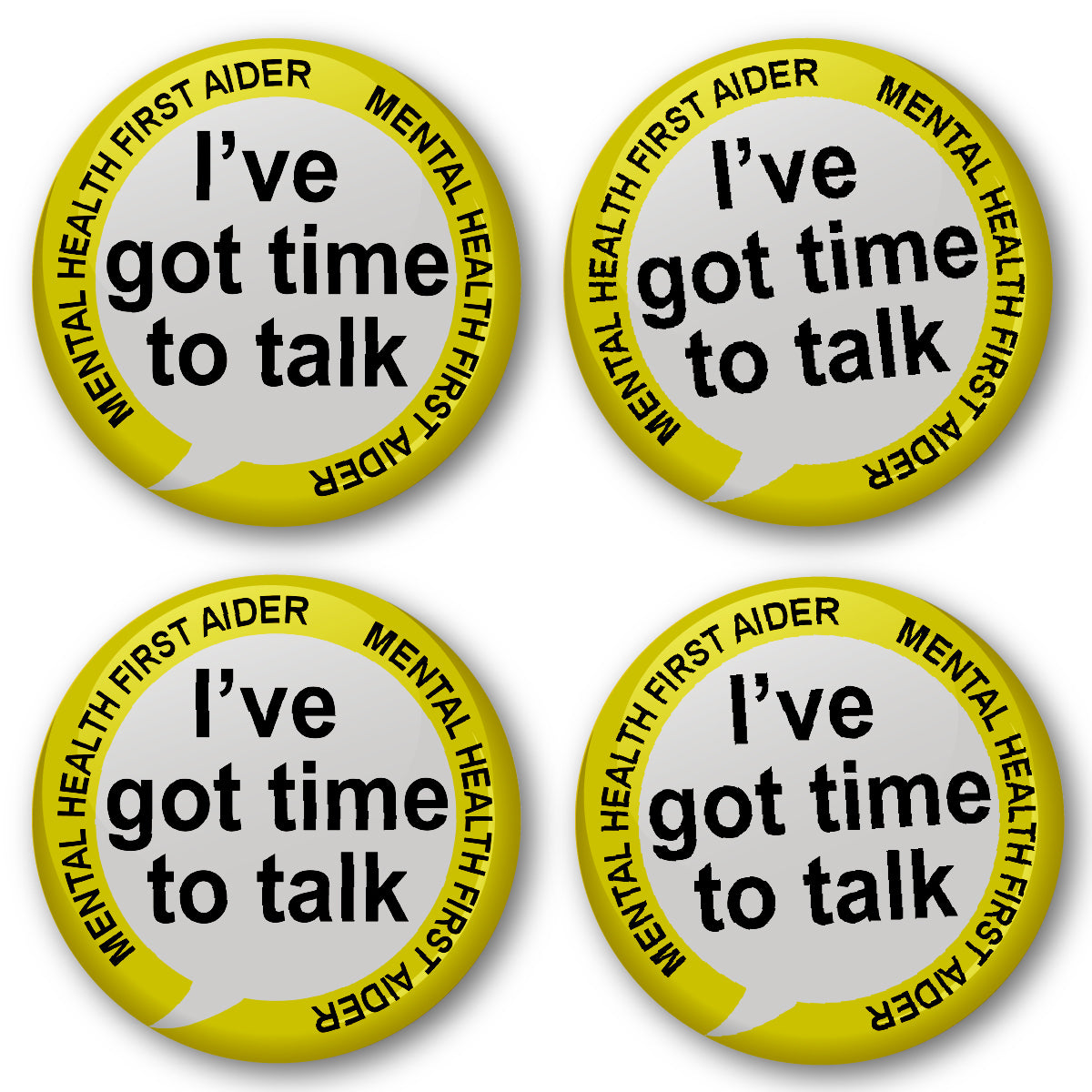 20 x Yellow Mental Health First Aider Got time to Talk Badge 38mm (Pack of 20 Pin Badges - 38mm)