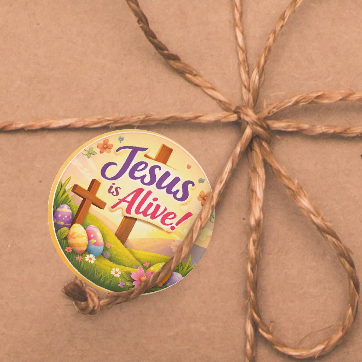 Easter sticker with 'Jesus is Alive', crosses, eggs and flowers on brown gift wrap with twine bow