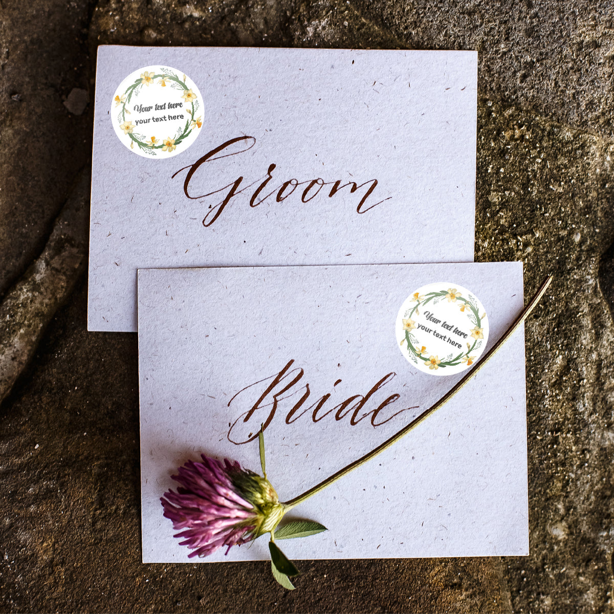 144 Daffodil Wreath Personalised 30mm Floral Stickers Events, Weddings, Crafts, Engagement