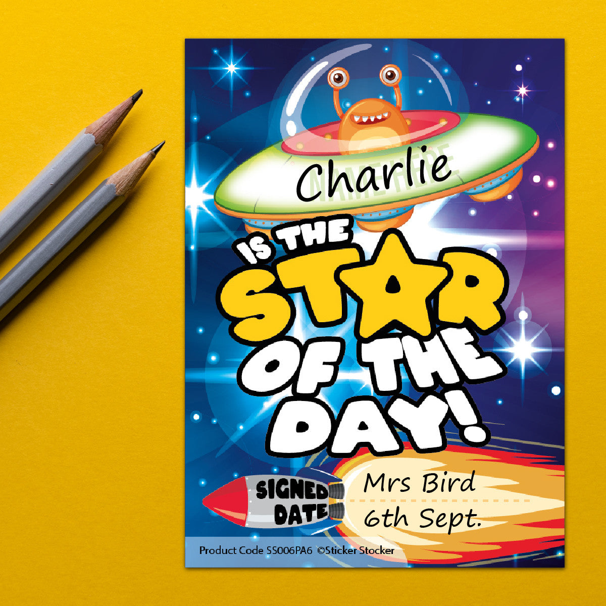 Sticker Stocker - A6 Praise Note Pad 100 Sheet Incentive Chart Rewards - Star of the Day Space Alien