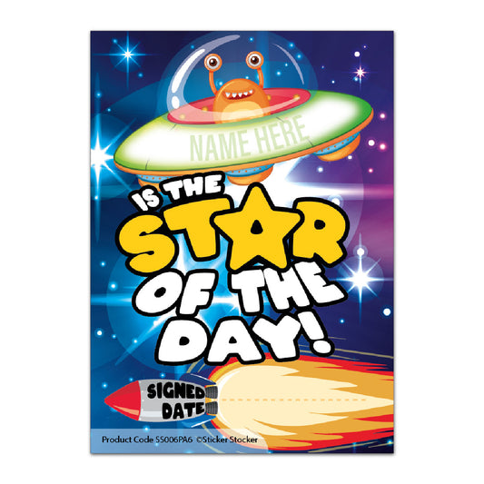 Sticker Stocker - A6 Praise Note Pad 100 Sheet Incentive Chart Rewards - Star of the Day Space Alien
