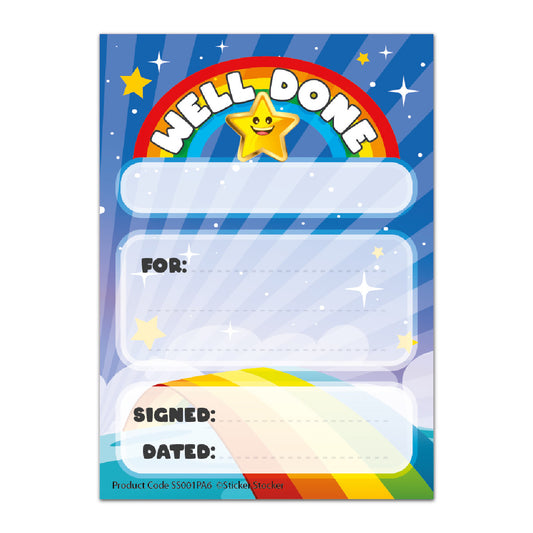 Sticker Stocker -A6 Praise Pad 100 Note Incentive Chart Rewards - Well Done Rainbow Star