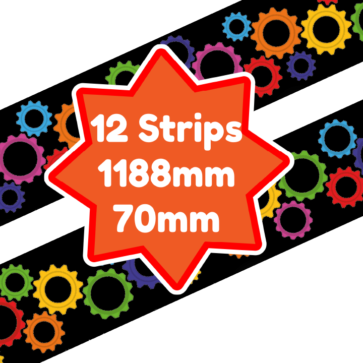 Sticker Stocker - Colourful Cogs Classroom Trimmers 14.25m long Notice Board Display Borders