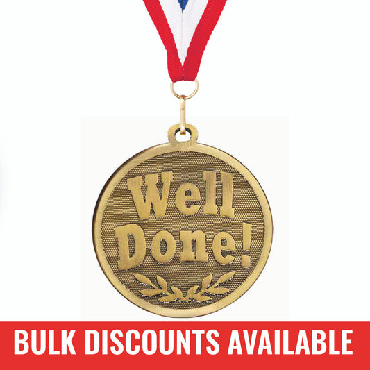 Sticker Stocker - Well Done Medal with FREE Ribbon and Certificate 45mm Metal Gold