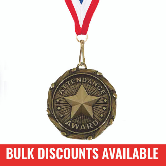 Sticker Stocker - Attendance Award Medal with FREE Ribbon and Certificate 45mm Metal